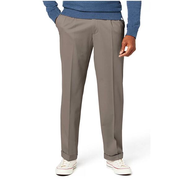 Dockers Mens Relaxed Fit Comfort Cuff Pleated Pants Khaki Dark Pebble Size 42x30 - Picture 1 of 14